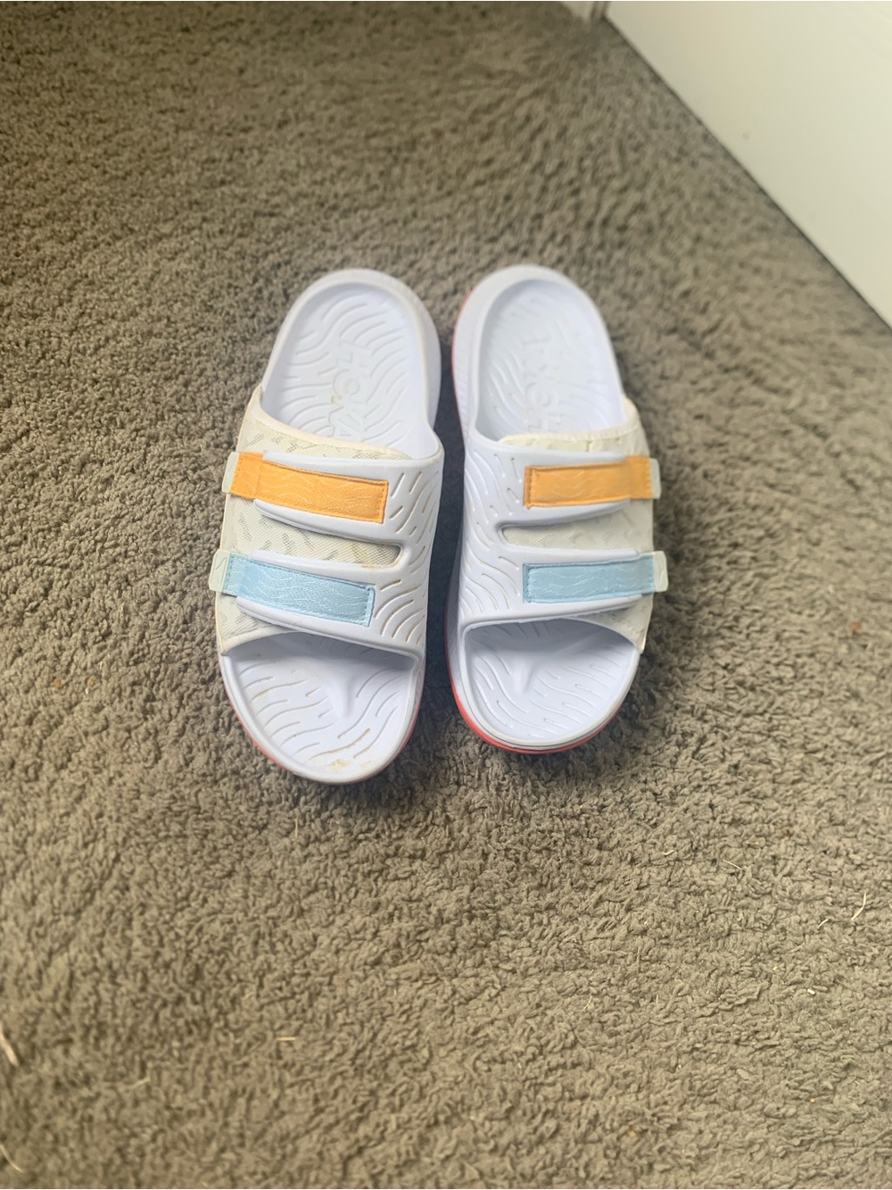 Hoka White Slide Sandals with Light Blue and Pastel Orange Straps
